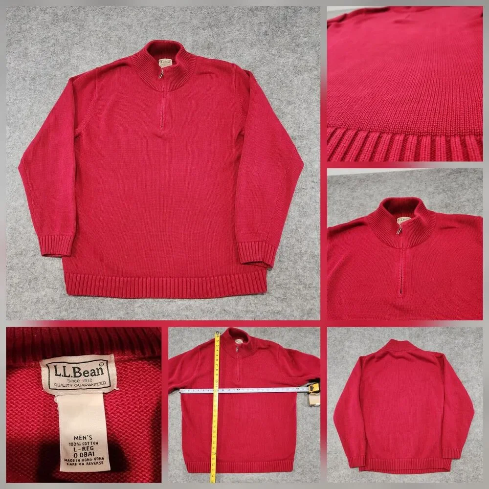 LL Bean Mens L Large 100% Cotton‎ Knit Red Pullover 1/4 Zip Heavyweight Sweater